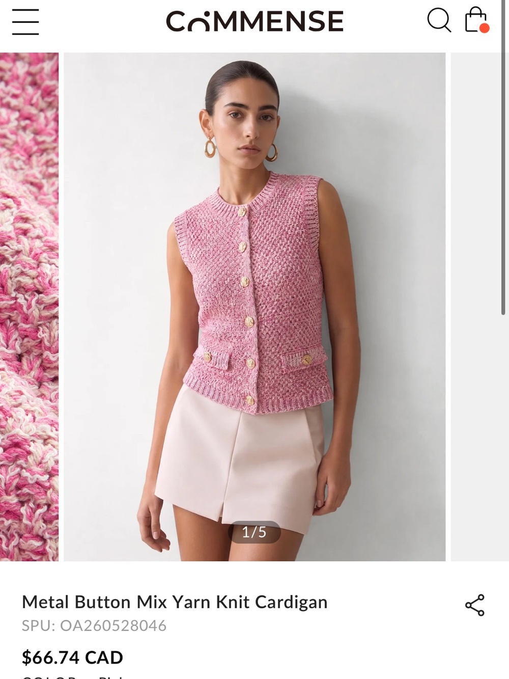 Commense Pink Knit Metal-Button Vest